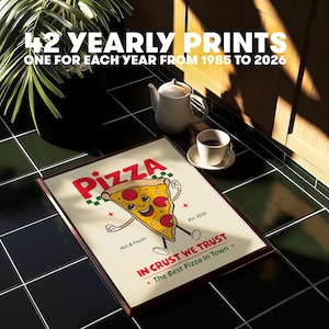 レトロ ピザ マスコット ポスター ピザ屋 設立 1985-2024 年 年間印刷可能 ウォール アート (42 プリント) 「In Crust We Trust」 町で最高のピザ キッチン デコレーション