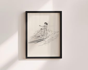 Retro Surfer Girl Print: Black and White Beach Art (Digital Download)