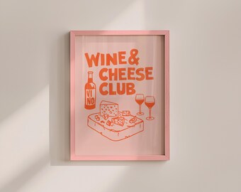 Retro Wine and Cheese Club Poster: Pink & Orange Bar Cart Art (Digital Download)