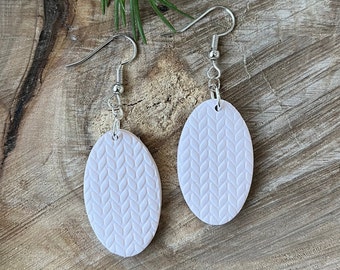 Minimalist cream, pink, or gray sweater print textured oval polymer clay dangle earrings, winter minimalist geometric earrings