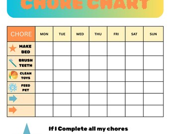 以下が含まれることがあります： 「MY WEEKLY CHORE CHART」の文字が入った、カラフルな週間家事表。ベッドメイキング、歯磨き、おもちゃの掃除、ペットへの餌やりなど、毎日のタスクのためのスペースがあります。報酬を書き込むスペースも含まれています。