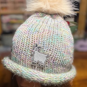 Rolled Brim Knit Hat – Wool Blend, Goat Patch, Pom Pom (Teen-Adult)