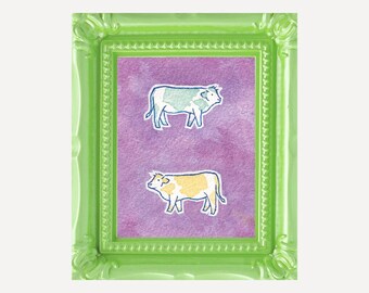 Twin Cows Painting: High Quality Framed Mini Print