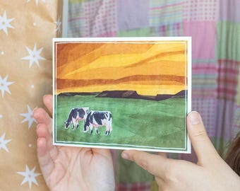 Orange Sunset Cow Painting: High Quality Print