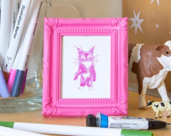 Crazy Pink Cat Drawing: High Quality Framed Mini Print