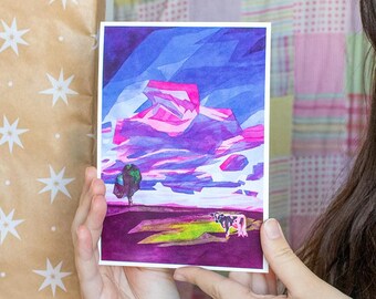 Cow Purple Sunset Painting: High Quality Print