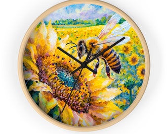 Honingbij op een zonnebloem-wandklok