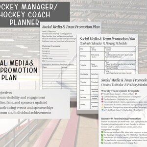 May include: A printable planner for hockey managers and coaches. The planner includes sections for social media and team promotion, content calendar and posting schedule, weekly team update template, and sponsor and fundraising promotion. The planner is designed to help hockey teams increase visibility, engagement, and keep families, fans, and sponsors updated.