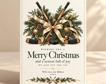 Hockey Christmas Card Template: Elegant Evergreen Holiday Greeting (Digital Download, Editable in Canva)