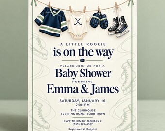 Hockey Baby Shower Invitation Template: A Little Rookie Hockey Invite (Digital Download editable in Canva)