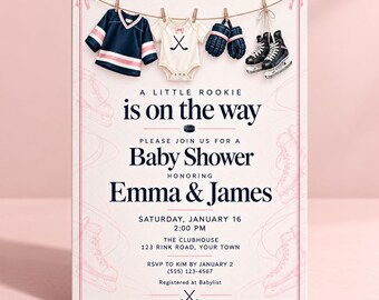 Hockey Baby Girl Shower Invitation Template: A Little Rookie Hockey Invite (Digital Download editable in Canva)