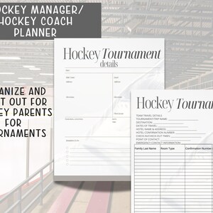 May include: Printable hockey tournament planner with sections for team travel details, hotel information, and emergency contact information. The planner also includes a section for family last names, room types, and confirmation numbers.