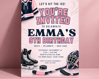 Hockey Birthday Party Invitation Template: Pink and Navy Hockey Invite (Digital Download editable in Canva)