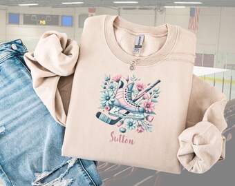 Custom Hockey Girl Sweatshirt: Personalized Name & Number, Floral Skate Design
