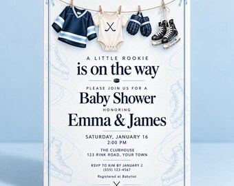 Hockey Baby Boy Shower Invitation Template: A Little Rookie Hockey Invite (Digital Download editable in Canva)