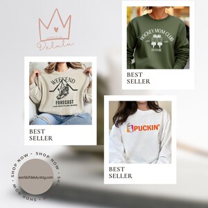 Puede incluir: Tres sudaderas con capucha de las m&aacute;s vendidas con diferentes dise&ntilde;os. La primera sudadera es beige con un gr&aacute;fico negro de una persona patinando sobre hielo con el texto "Weekend Forecast". La segunda sudadera es verde oliva con texto blanco que dice "Hockey Mom Club" con un gr&aacute;fico de dos patines de hockey. La tercera sudadera es blanca con un gr&aacute;fico de una taza rosa y naranja con el texto "Puckin'" en negro.
