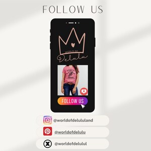 May include: A black smartphone screen displaying a pink t-shirt with the text "Weekend Forecast" and a graphic of a mountain range. The phone screen also displays a pink crown with a heart in the center and the text "World of Delulu". The phone screen also displays the text "Follow Us" in a white box with a pink outline. Below the phone screen are three social media icons with usernames: @worldofdelululand, @worldofdelulu, and @worldofdelulul.