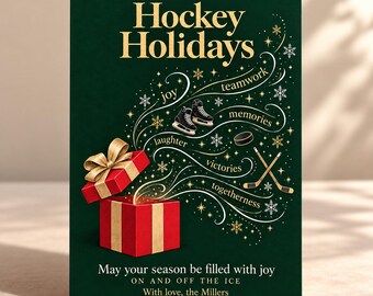 Hockey Holidays Card Template: Elegant Evergreen Holiday Greeting (Digital Download, Editable in Canva)