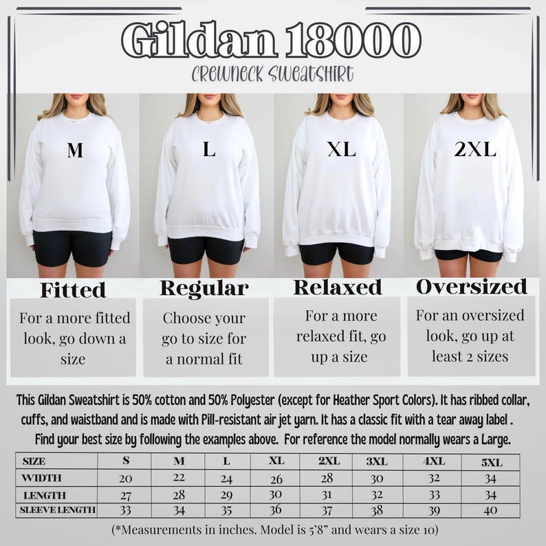 May include: Size chart for Gildan 18000 crewneck sweatshirts. The chart shows the width, length, and sleeve length in inches for sizes S through 5XL. The chart also includes descriptions of the fit for each size: fitted, regular, relaxed, and oversized.