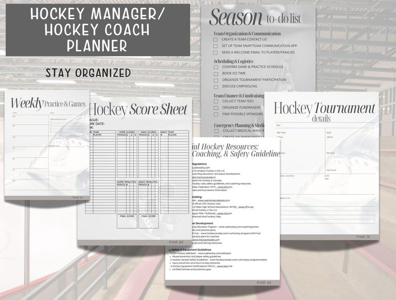 May include: A printable hockey coach planner with sections for weekly practice and games, hockey score sheet, team organization and communication, scheduling and logistics, team finance and fundraising, emergency planning and medical, hockey tournament details, and additional hockey resources, coaching, and safety guidelines.