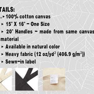K&ouml;nnte beinhalten: Eine Infografik f&uuml;r eine Tragetasche aus Segeltuch mit dem Text: DETAILS: 100% cotton canvas, 15" X 16" - One Size, 20" Handles - made from same canvas material, Available in natural color, Heavy fabric (12 oz/yd2 (406.9 g/m2)), Sewn-in label.