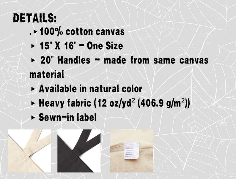 K&ouml;nnte beinhalten: Eine Infografik f&uuml;r eine Tragetasche aus Segeltuch mit dem Text: DETAILS: 100% cotton canvas, 15" X 16" - One Size, 20" Handles - made from same canvas material, Available in natural color, Heavy fabric (12 oz/yd2 (406.9 g/m2)), Sewn-in label.