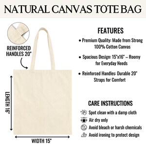 K&ouml;nnte beinhalten: Eine Tragetasche aus naturfarbenem Canvas mit verst&auml;rkten 50,8 cm langen Henkeln. Die Tasche ist 38,1 cm breit und 40,6 cm lang. Der Text auf dem Bild umfasst NATURAL CANVAS TOTE BAG, FEATURES, Premium Quality, Spacious Design und CARE INSTRUCTIONS.