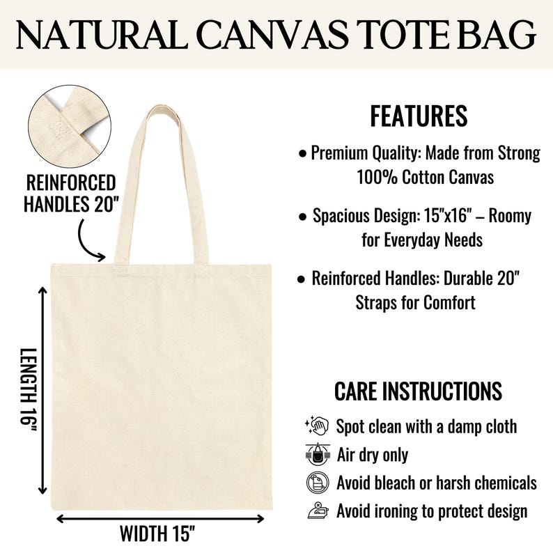 K&ouml;nnte beinhalten: Eine Tragetasche aus naturfarbenem Canvas mit verst&auml;rkten 50,8 cm langen Henkeln. Die Tasche ist 38,1 cm breit und 40,6 cm lang. Der Text auf dem Bild umfasst NATURAL CANVAS TOTE BAG, FEATURES, Premium Quality, Spacious Design und CARE INSTRUCTIONS.