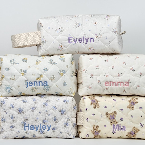 Personalized Quilted Cosmetic Bag, Custom Makeup Bag, Diaper Pouch, Floral Travel Toiletry Bag, Pencil Pouch, Bridesmaid Gifts, Handmade