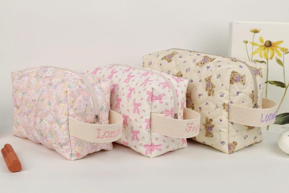 Personalized Quilted Cosmetic Bag, Custom Makeup Bag, Diaper Pouch, Floral Travel Toiletry Bag, Pencil Pouch, Bridesmaid Gifts, Handmade