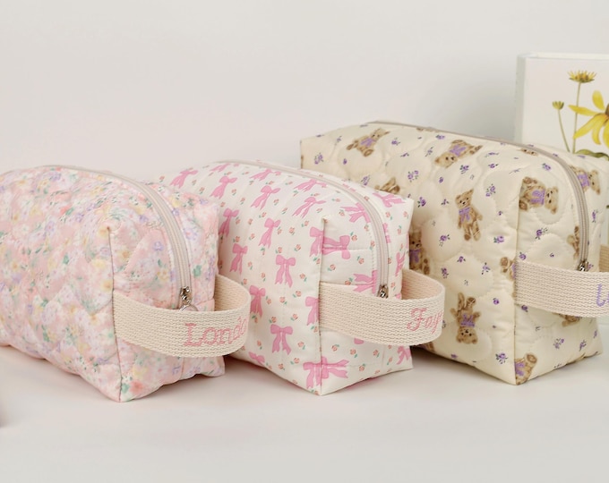 Personalized Quilted Cosmetic Bag, Custom Makeup Bag, Diaper Pouch, Floral Travel Toiletry Bag, Pencil Pouch, Bridesmaid Gifts, Handmade