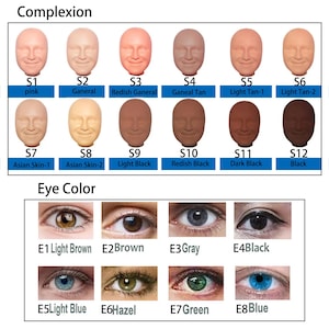 May include: A chart displaying complexion and eye color options. The complexion section features twelve mannequin heads with varying skin tones, labeled S1 through S12. The eye color section shows eight eye images, labeled E1 through E8, with different colors.