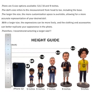 May include: A height guide displays bobblehead dolls in various sizes, ranging from 5 to 9 inches, next to an iPhone 12 for scale. The guide includes text explaining size options and customization space. The dolls are on gray bases.