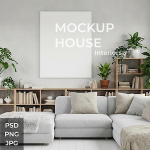 May include: A contemporary living room featuring a light grey sectional sofa, wooden bookshelves filled with books, and potted plants. A large white canvas with the text "MOCKUP HOUSE Interiors" hangs on the wall. The room is bright and airy.