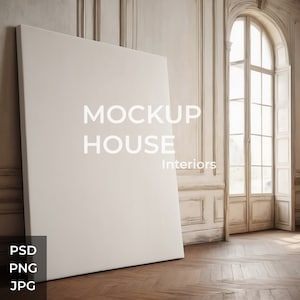 May include: A large white canvas mockup leaning against a wall in a room with a large window. The text "MOCKUP HOUSE Interiors" is printed on the canvas.