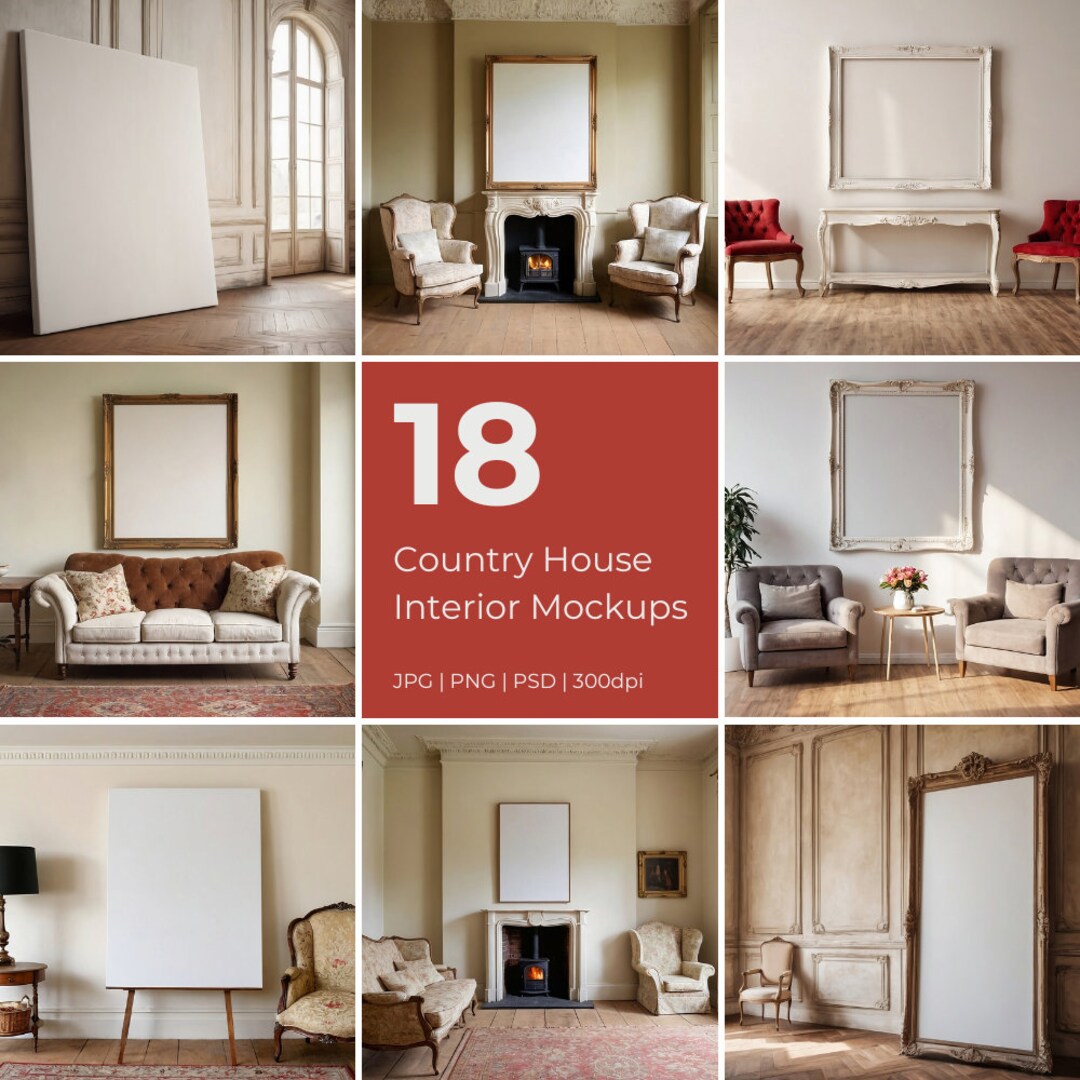 18 Country House Interior Mockups Bundle, Antique Furniture, PSD, Print ...
