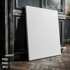 Maqueta PSD de lienzo vertical en blanco grande: habitación rústica de lujo con interior oscuro, maqueta de póster impreso, plantilla de Photoshop, madera de lujo