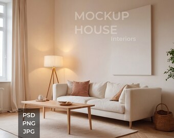 May include: A white sofa with two pillows sits in a living room with a large white frame on the wall. A wooden coffee table sits in front of the sofa with a lamp and a plant in the background.