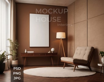 May include: A brown living room with a large white frame mockup, a wooden console table, a beige armchair, a floor lamp, and a white rug. The text "MOCKUP HOUSE Interiors" is visible on the wall.