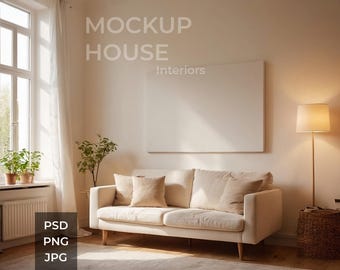Modern Living Room Canvas Mockup: Horizontal Artwork Template (PSD, JPG, PNG)
