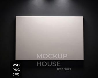 Horizontal White Canvas Mockup, Black Wall Interior, PSD, Print Poster Mockup, Photoshop Mockup, Artwork Mockup Template, Modern Room