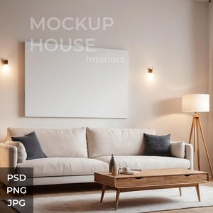 Großes horizontales leeres Segeltuch-Innenraummodell, PSD, Druckplakat-Modell, Photoshop-Modell, Grafik-Mockup-Vorlage, seitliches modernes Zimmer