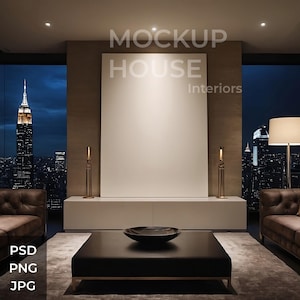 Große leere vertikale Leinwand Mockup PSD - Luxus Wolkenkratzer Interieur, dunkler Raum, Druck Poster Mockup, Photoshop Vorlage, Premium Möbel