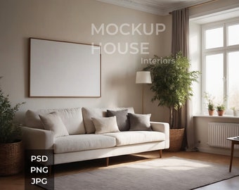 May include: A living room interior with a white sofa, pillows, and a large framed blank canvas. A tall plant in a woven basket and a floor lamp are beside the sofa. The text "MOCKUP HOUSE Interiors" is visible on the wall.