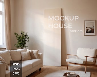 May include: A living room interior design mockup with a large white canvas on the wall, a white sofa, a white armchair, a potted plant, and a framed picture on the wall. The text "MOCKUP HOUSE Interiors" is printed on the wall.