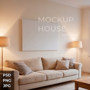 May include: A living room interior design mockup with a beige sofa, two lamps, and a large white canvas hanging on the wall. The text "MOCKUP HOUSE Interiors" is printed on the canvas.
