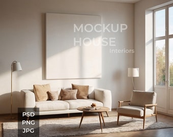 May include: A white sofa with beige pillows sits in a modern living room with a large white canvas mockup hanging on the wall. A coffee table with a book and a plant sits in front of the sofa. A wooden armchair with beige upholstery sits in the corner of the room. The room has a large window with a view of trees and a light beige rug on the floor. The text "MOCKUP HOUSE Interiors" is visible on the wall.