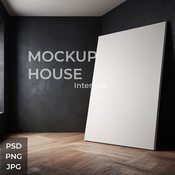 Very Large Blank Canvas Interior Mockup, Dark Walls, PSD, Nordic Style Mockup, Print Poster Mockup, Photoshop Mockup, Artwork Mockup