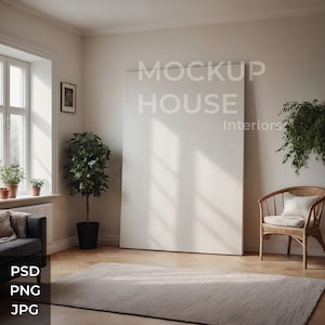 Sehr großes vertikales leeres Segeltuch-Innenraum-Mockup, modernes Zimmer, PSD, Druckplakat Mockup, Photoshop-Mockup, Kunstwerk-Mockup-Vorlage, Minimal