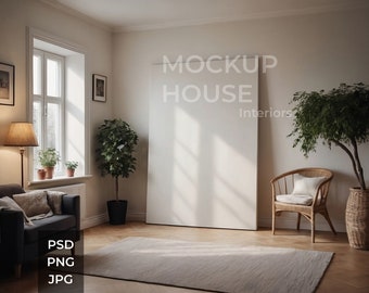 Very Large Vertical Blank Canvas Interior Mockup, Modern Room, PSD, Print Poster Mockup, Photoshop Mockup, Artwork Mockup Template, Minimal
